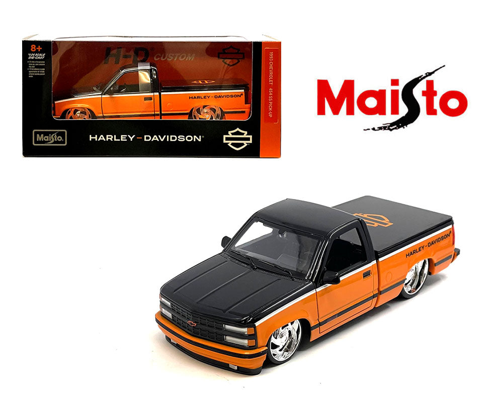 Maisto 1:24 1993 Chevrolet 454SS Pick-Up – Black/Orange Two-Tone – Harley-Davidson Custom