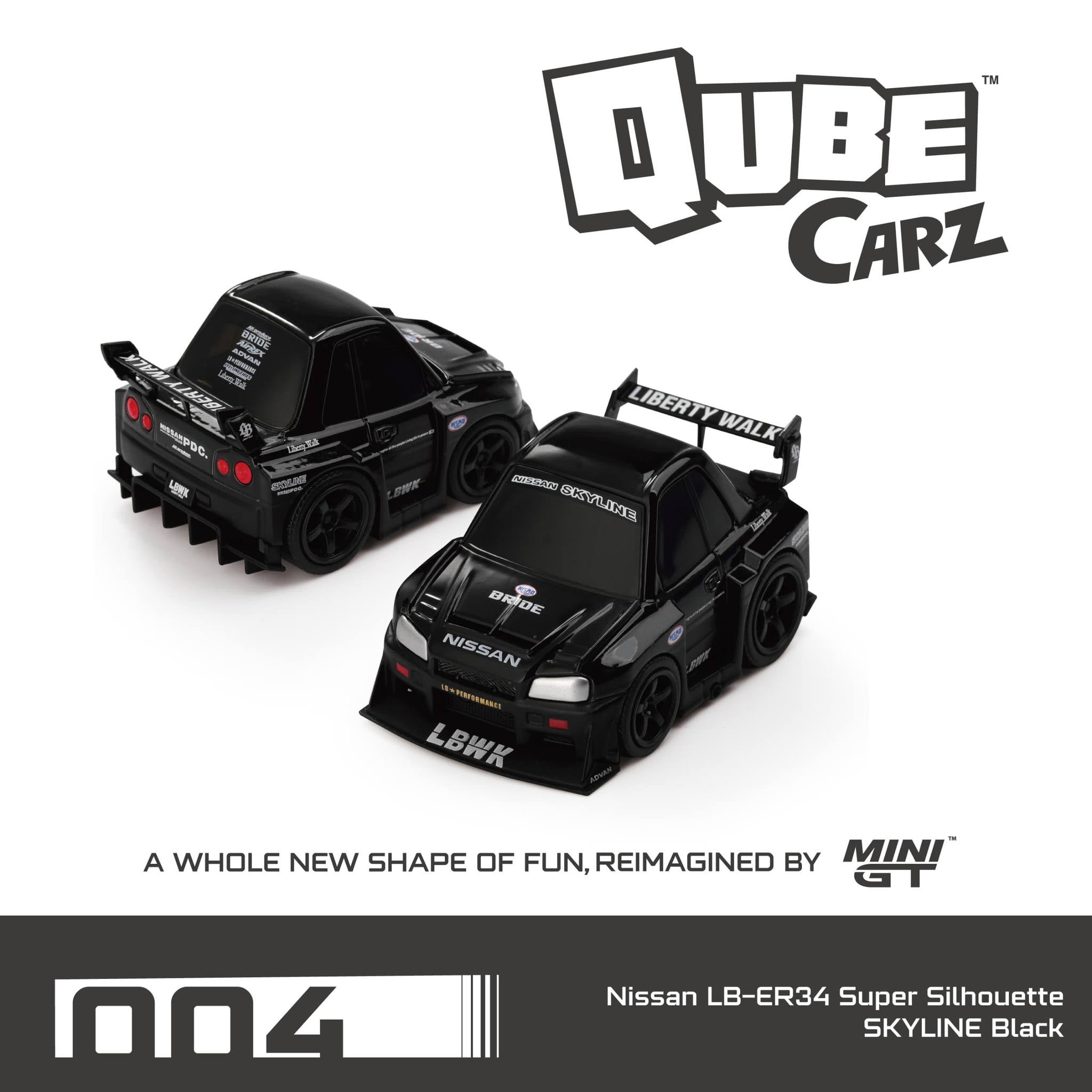 Mini GT Qube Carz Series 1 Liberty Walk Nissan LB-ER34 Super Silhouette SKYLINE Black