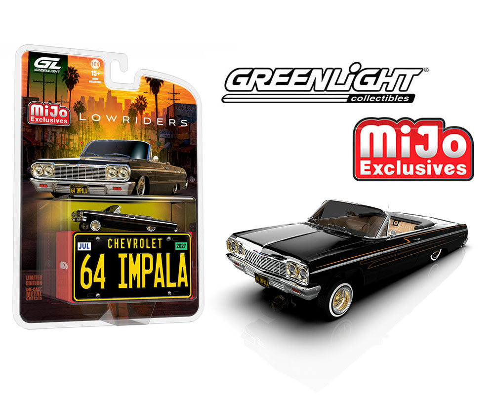 (COMING SOON) GREENLIGHT 1:64 Lowriders 1964 Chevrolet Impala SS Convertible w/ Mini Metal License Plate – Black – Mijo Exclusives