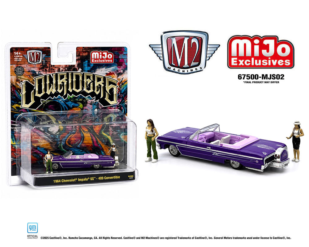 M2 Machines 1:64 Diorama Series 1964 Chevrolet Impala SS Convertible Top-Down Lowriders with 2 Ladies Figures – Metallic Purple – Mijo Exclusives