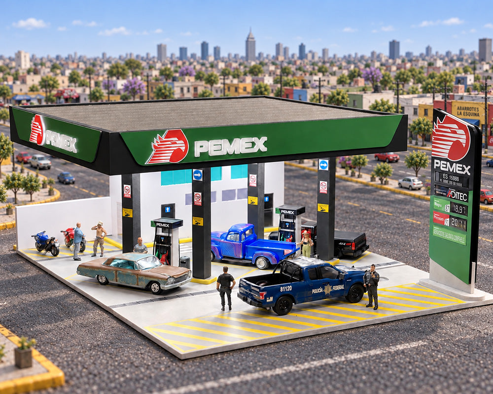 (COMING SOON) AMERICAN DIORAMA 1:64 PEMEX Gas Station Illuminated LED Diorama (11.2″L x 11.8″W x 4.85″H)