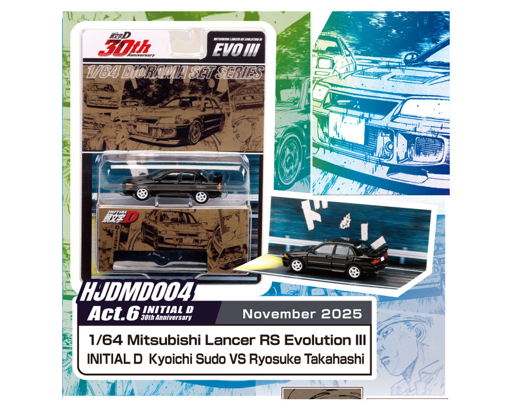 (COMING SOON) HOBBY JAPAN 1/64 Initial D 30th Anniversary Mitsubishi Lancer RS Evolution III / INITIAL D Kyoichi Sudo VS Ryosuke Takahashi – JDM64