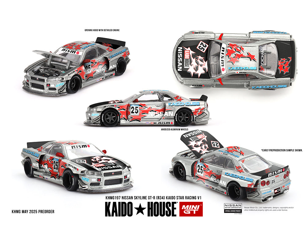 (COMING SOON) Kaido House x Mini GT 1:64 Nissan Skyline GT-R (R34) Kaido Star Racing V1- Silver