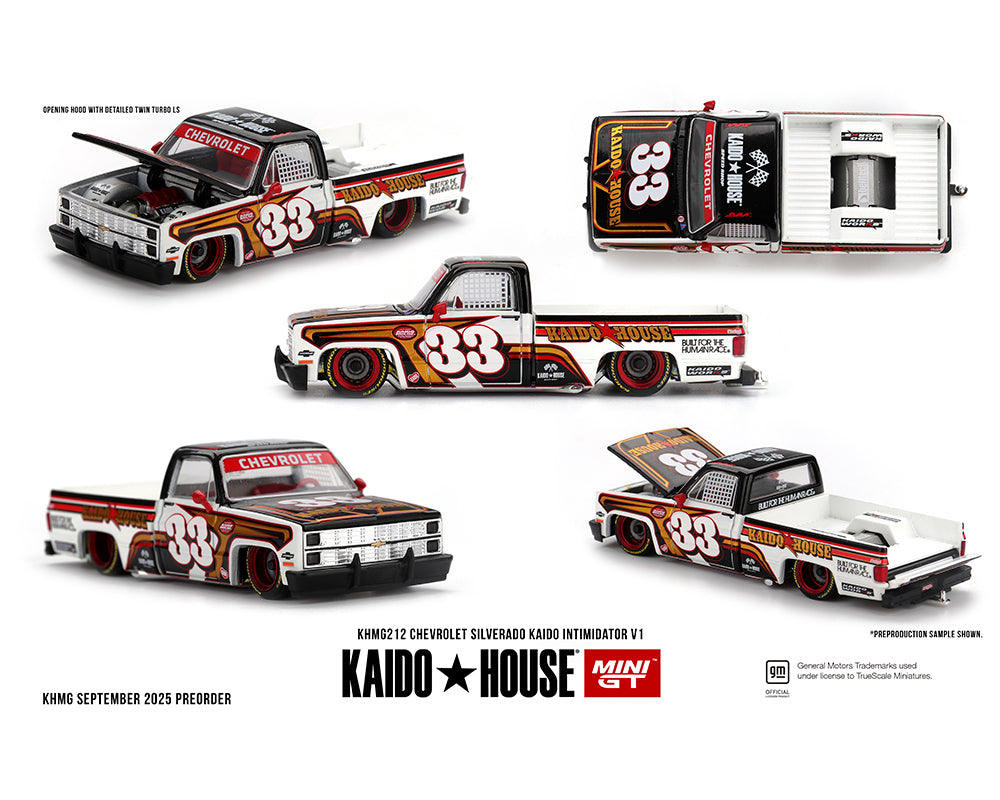 (COMING SOON) Kaido House x Mini GT 1:64 Chevrolet Silverado KAIDO Intimidator V1 – White w/ Brown Two-tone