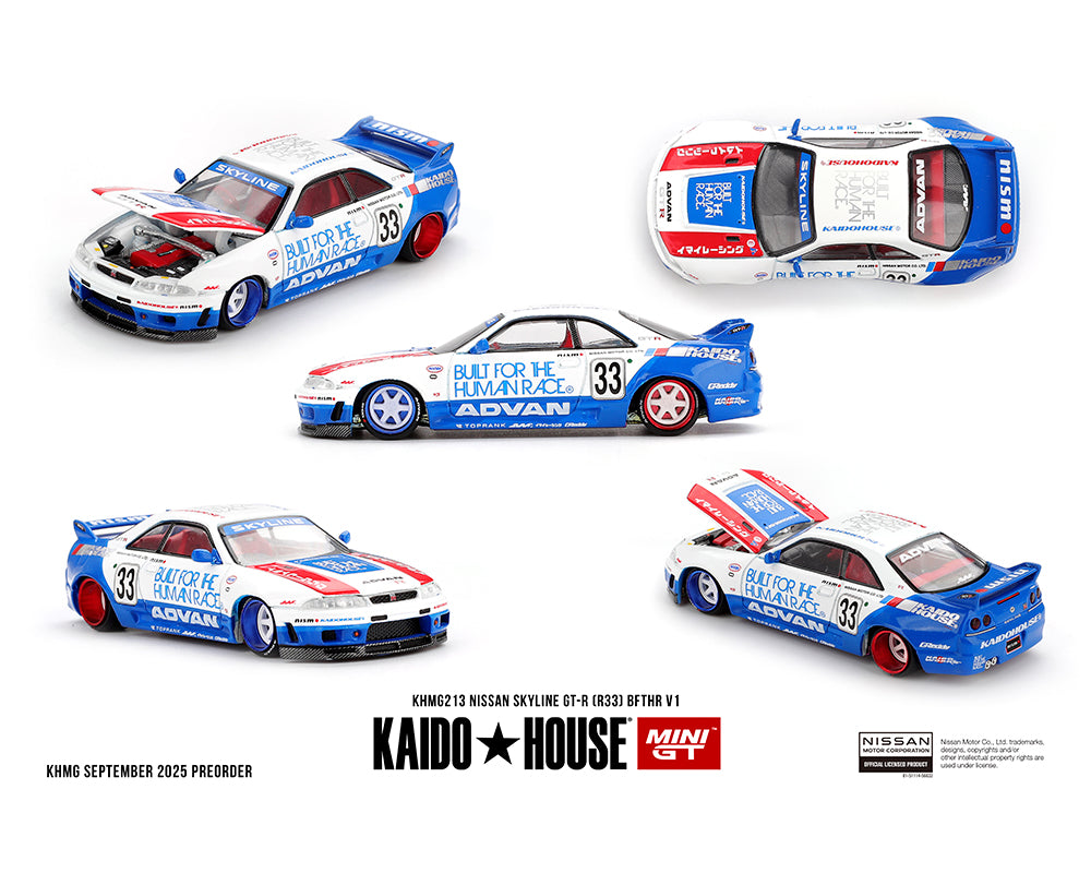 (COMING SOON) Kaido House x Mini GT 1:64 Nissan Skyline GT-R (R33) BFTHR V1 – White w/ Blue Two-tone