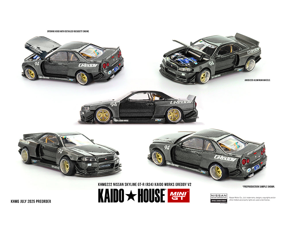 (COMING SOON) Kaido House x Mini GT 1:64 Nissan Skyline GT-R (R34) Kaido Works GReddy V2 – Black w/ Carbon