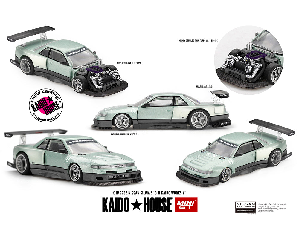 Kaido House x Mini GT 1:64 Nissan Silvia S13-R KAIDO WORKS V1 – Sea Foam Green