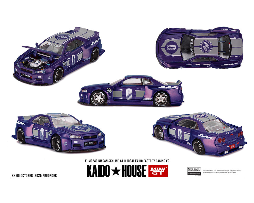 (COMING SOON) Kaido House x Mini GT 1:64 Nissan Skyline GT-R (R34) Kaido factory Racing V2 – Midnight Purple