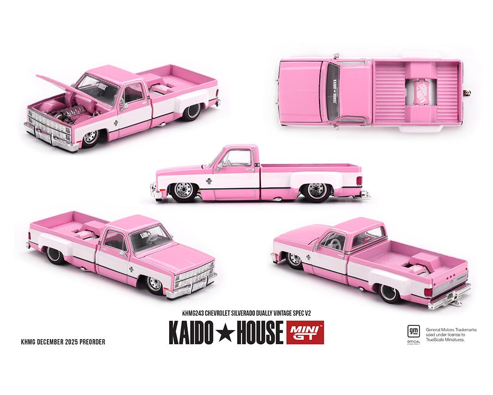 (COMING SOON) Kaido House x Mini GT 1:64 Chevrolet Silverado Dually Vintage Spec V2 – Pink with White