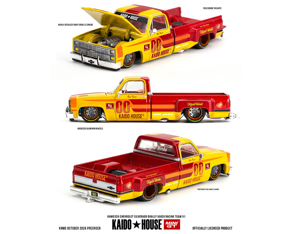 (COMING SOON) Kaido House x Mini GT 1:64 Chevrolet Silverado Dually Kaido Racing Team V1 – Yellow Red Two- Tone
