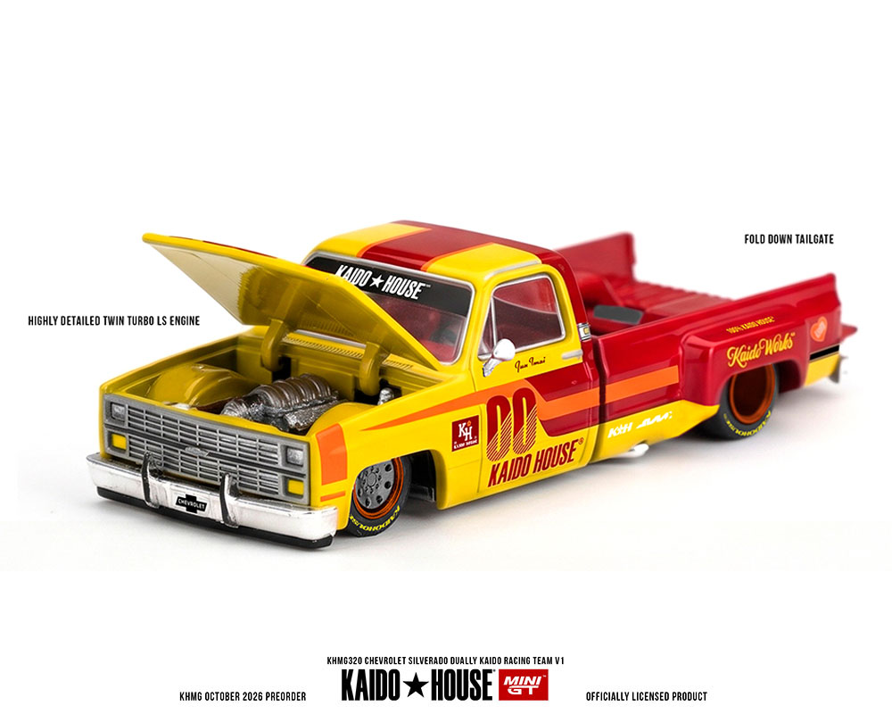 (COMING SOON) Kaido House x Mini GT 1:64 Chevrolet Silverado Dually Kaido Racing Team V1 – Yellow Red Two- Tone