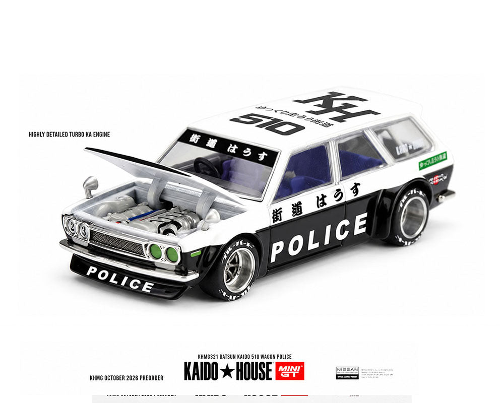 (COMING SOON) Kaido House x Mini GT 1:64 Datsun KAIDO 510 Wagon Police – Black White Two-Tone