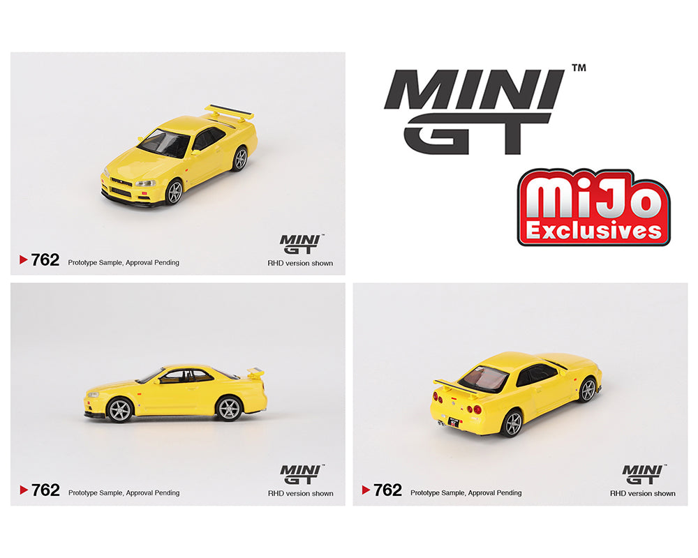 (COMING SOON) MINI GT 1/64 Nissan Skyline GT-R (R34) V-Spec – Lightning Yellow- MiJo Exclusives