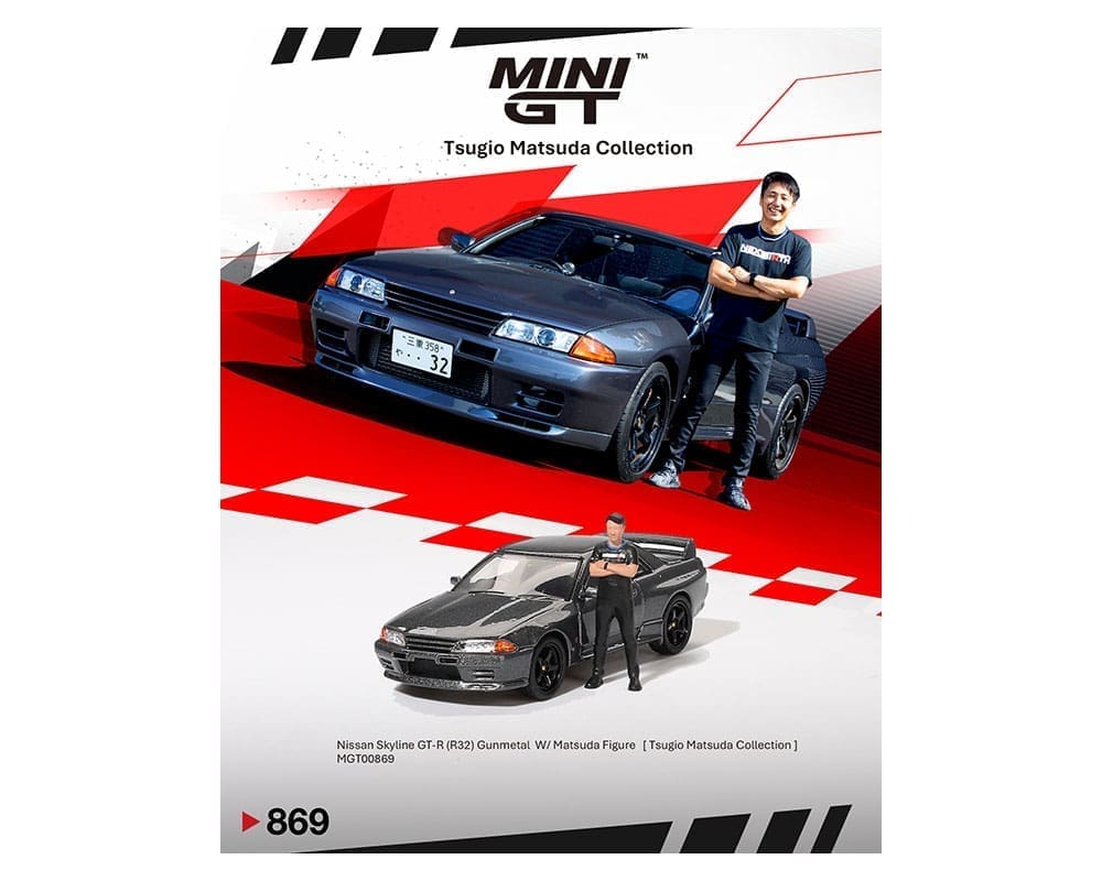 Mini GT 1:64 Nissan Skyline GT-R (R32) Nismo Gunmetal W/ Matsuda Figure – Tsugio Matsuda Collection