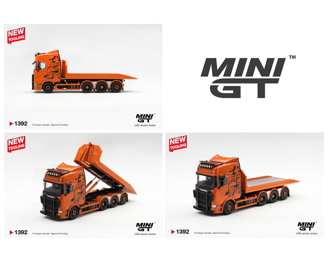(COMING SOON) MINI GT 1/64 Scania 770S B8x4NA Hooklift Flatbed Orange- Limited Edition