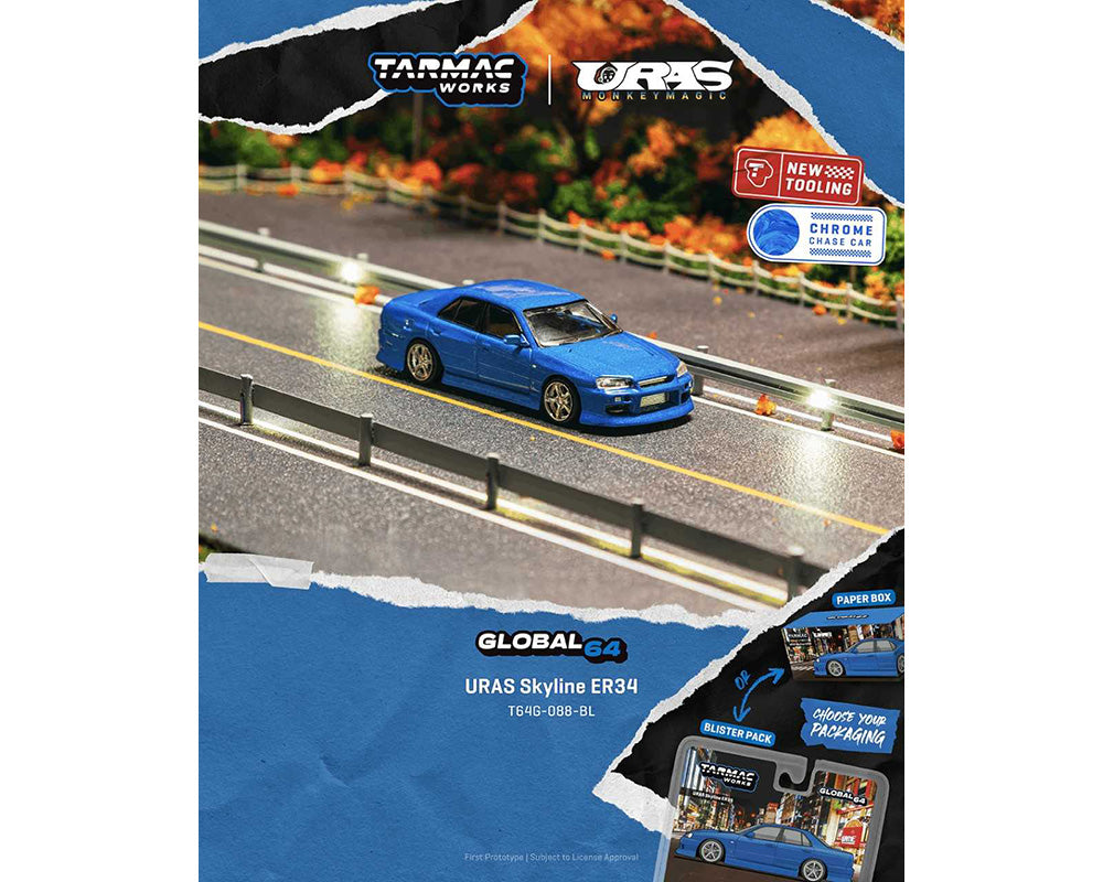 (COMING SOON) Tarmac Works 1:64 URAS Skyline ER34 – Blue – Global64