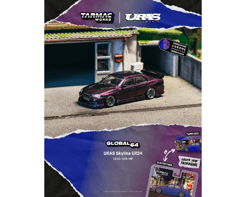 (COMING SOON) Tarmac Works 1:64 URAS Skyline ER34 – Midnight Purple – Global64 – Limited Edition