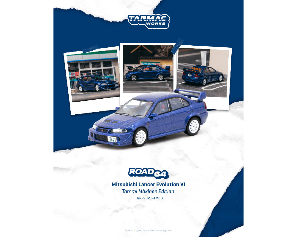 (COMING SOON) Tarmac Works 1:64 Mitsubishi Lancer Evolution VI Tommi Mäkinen Edition- Blue – Road64