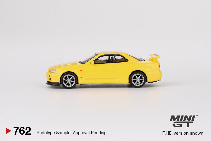 (COMING SOON) MINI GT 1/64 Nissan Skyline GT-R (R34) V-Spec – Lightning Yellow- MiJo Exclusives