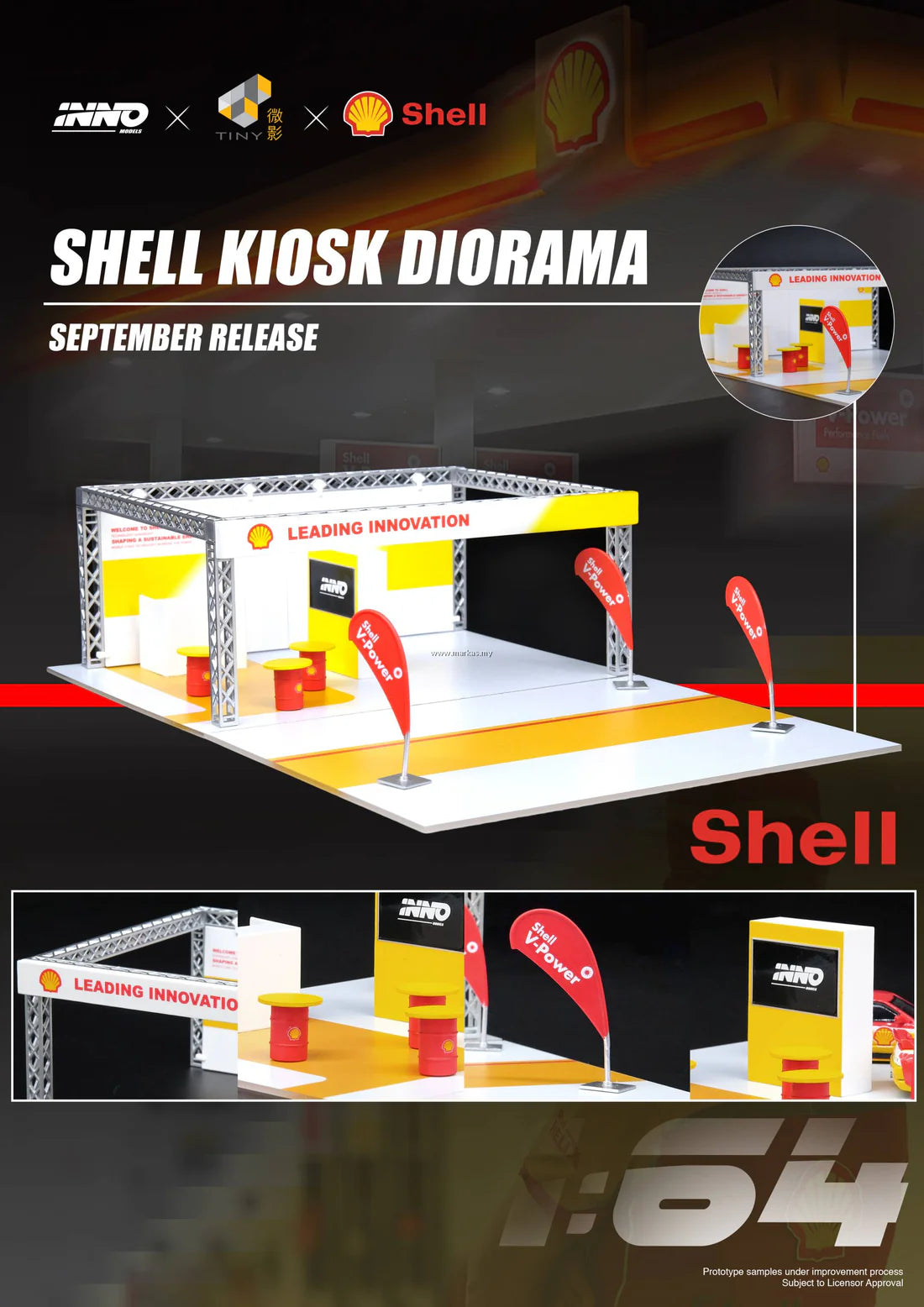 INNO64 1/64 SHELL KIOSK DIORAMA SET WITH CARS