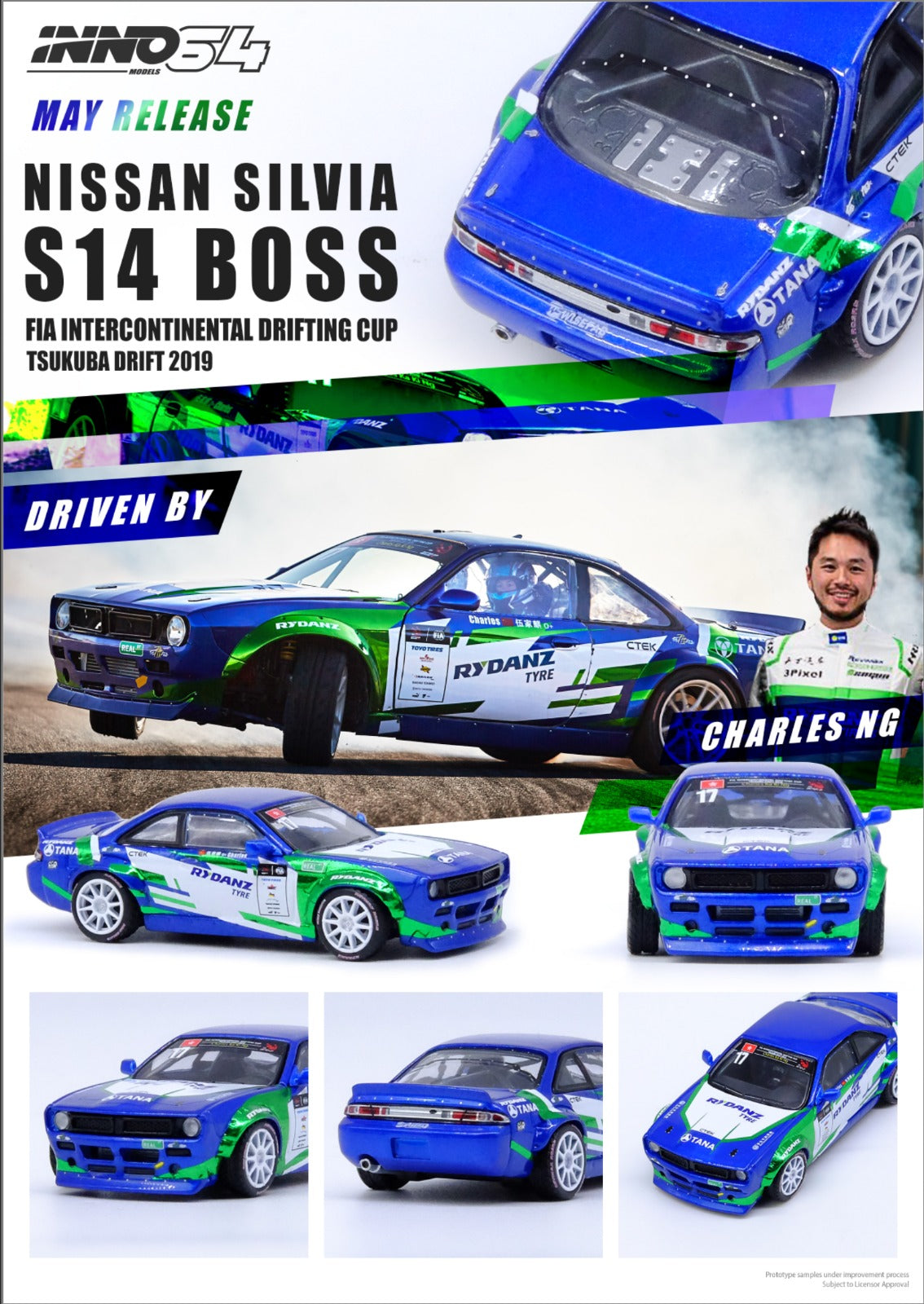 INNO64 1/64 Nissan SILVIA S14 ROCKET BUNNY BOSS V2 FIA INTERCONTINENTAL  DRIFTING CUP 2019 TSUKUBA CHARLES NG