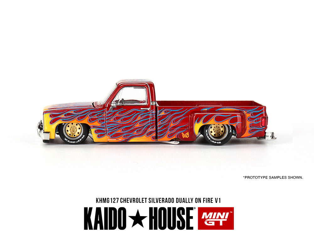 (PRE ORDER) Kaido House x Mini GT 1:64 Chevrolet Silverado Dually on Fire V1 – Red with Flames