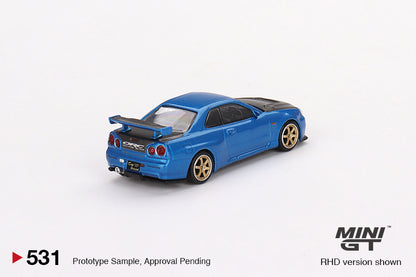 MINI GT 1/64 Nissan Skyline GT-R (R34) Top Secret Bayside – Blue – Mijo Exclusive