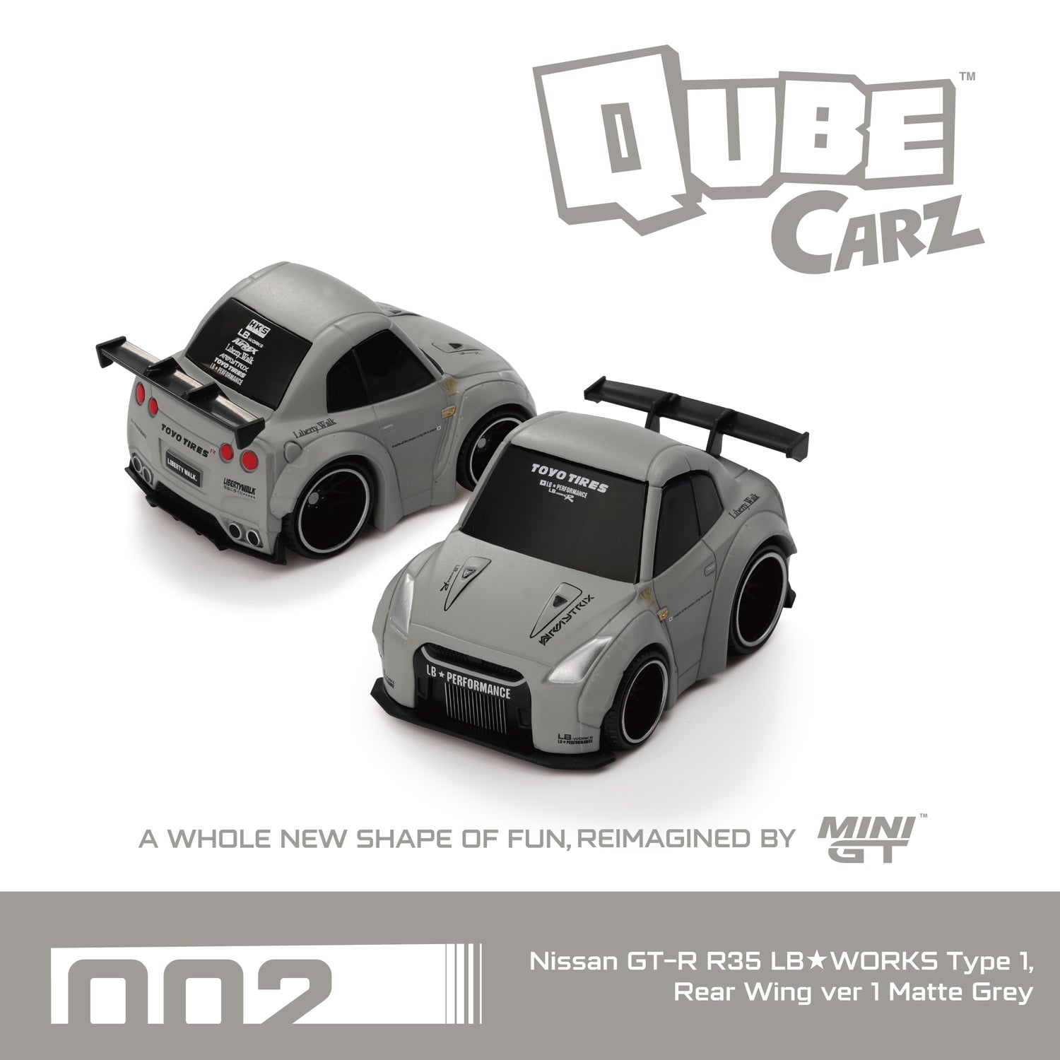 Mini GT Qube Carz Series 1 Liberty Walk Nissan GT-R R35 LB-Works type 1, Rear Wing ver 1 Matte Grey