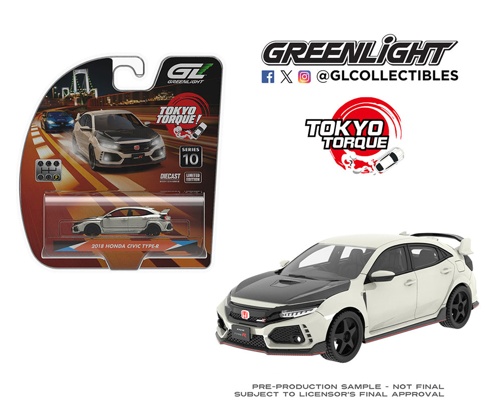 (COMING SOON) GREENLIGHT 1:64 Tokyo Torque Series 10 – 2018 Honda Civic Type-R (FK8) with Custom Wheels and Carbon Hood – Championship White – Solid Pack