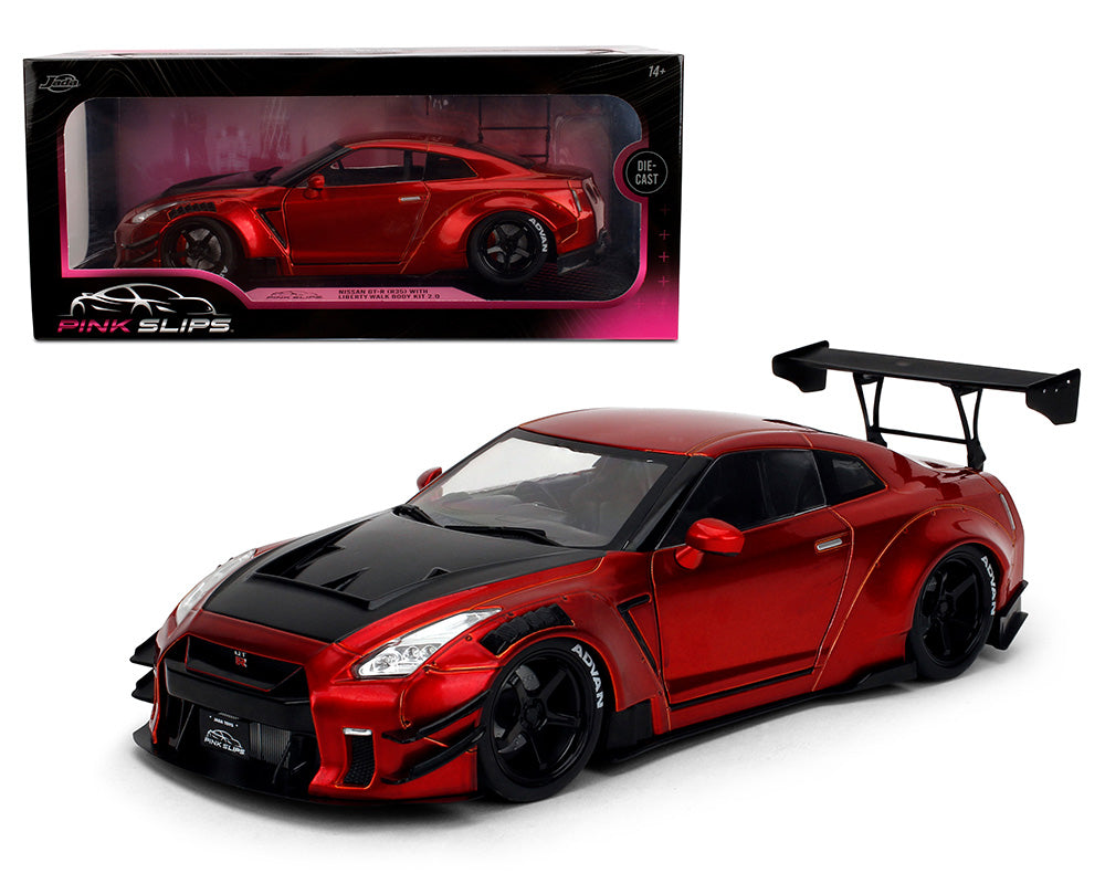 JADA  1/18 Nissan GT-R (R35) Liberty Walk Body Kit 2.0 – Candy Red with Carbon Black Hood – Pink Slips
