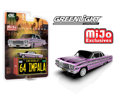 (COMING SOON) GREENLIGHT 1:64 Lowriders 1964 Chevrolet Impala SS w/ Mini Metal License Plate – Pink – Mijo Exclusives