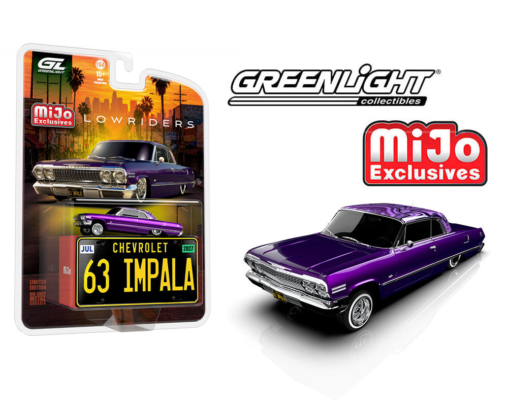 (COMING SOON) GREENLIGHT 1:64 Lowriders 1963 Chevrolet Impala SS w/ Mini Metal License Plate – Candy Purple – Mijo Exclusives