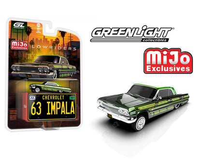 (COMING SOON) GREENLIGHT 1:64 Lowriders 1963 Chevrolet Impala SS w/ Mini Metal License Plate – Dark Green – Mijo Exclusives