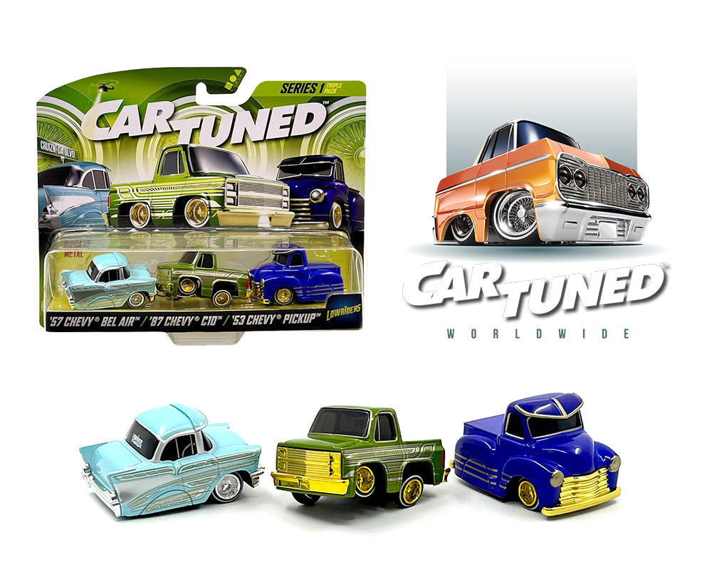(PRE ORDER) CarTuned 1:64 3-Pack Lowriders 1957 Chevrolet Bel Air, 1987 Chevrolet C10, 1953 Chevrolet Pickup – Series 1 2024