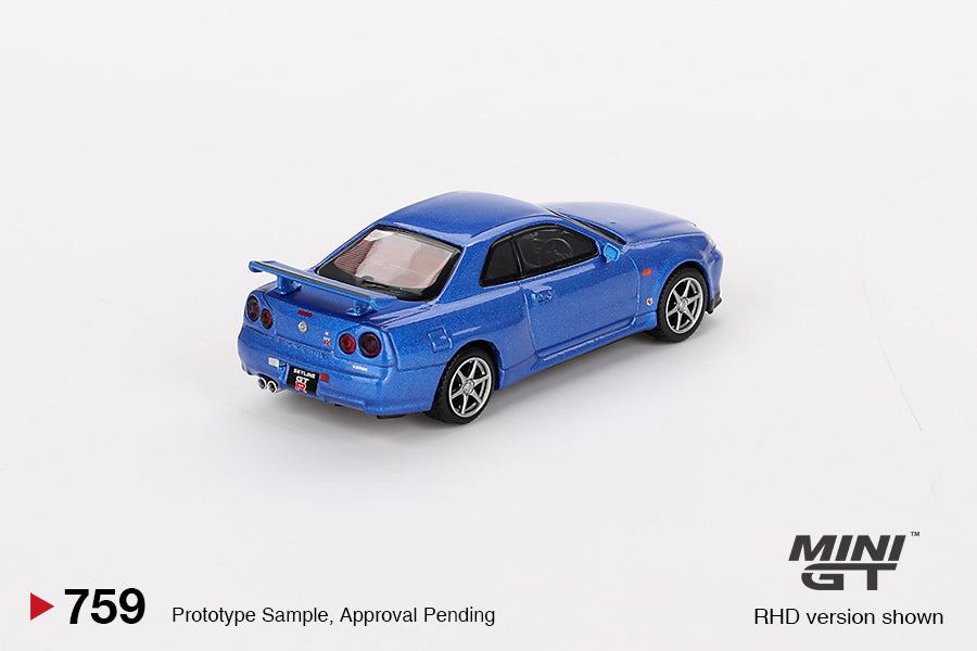 (PRE ORDER) MINI GT 1/64 Nissan Skyline GT-R (R34) V-Spec – Bayside Blue – Mijo Exclusives