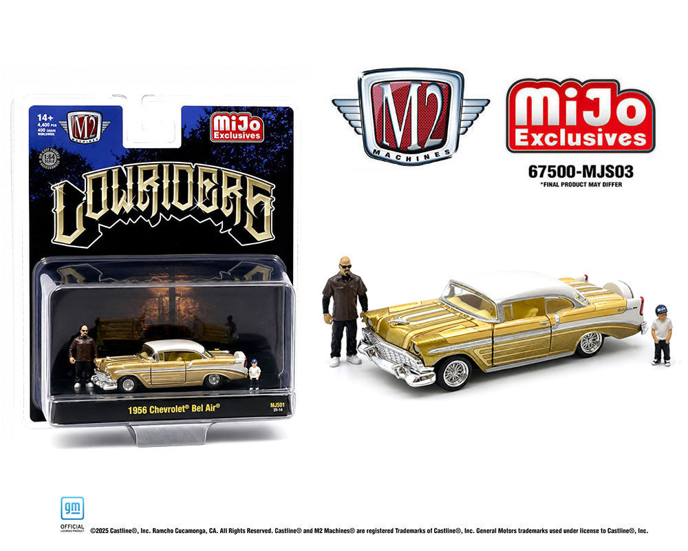 M2 Machines 1:64 Diorama Series 1956 Chevrolet Bel Air Lowriders with 2 Dad &amp; Son Figures – Beige Gold – Mijo Exclusives