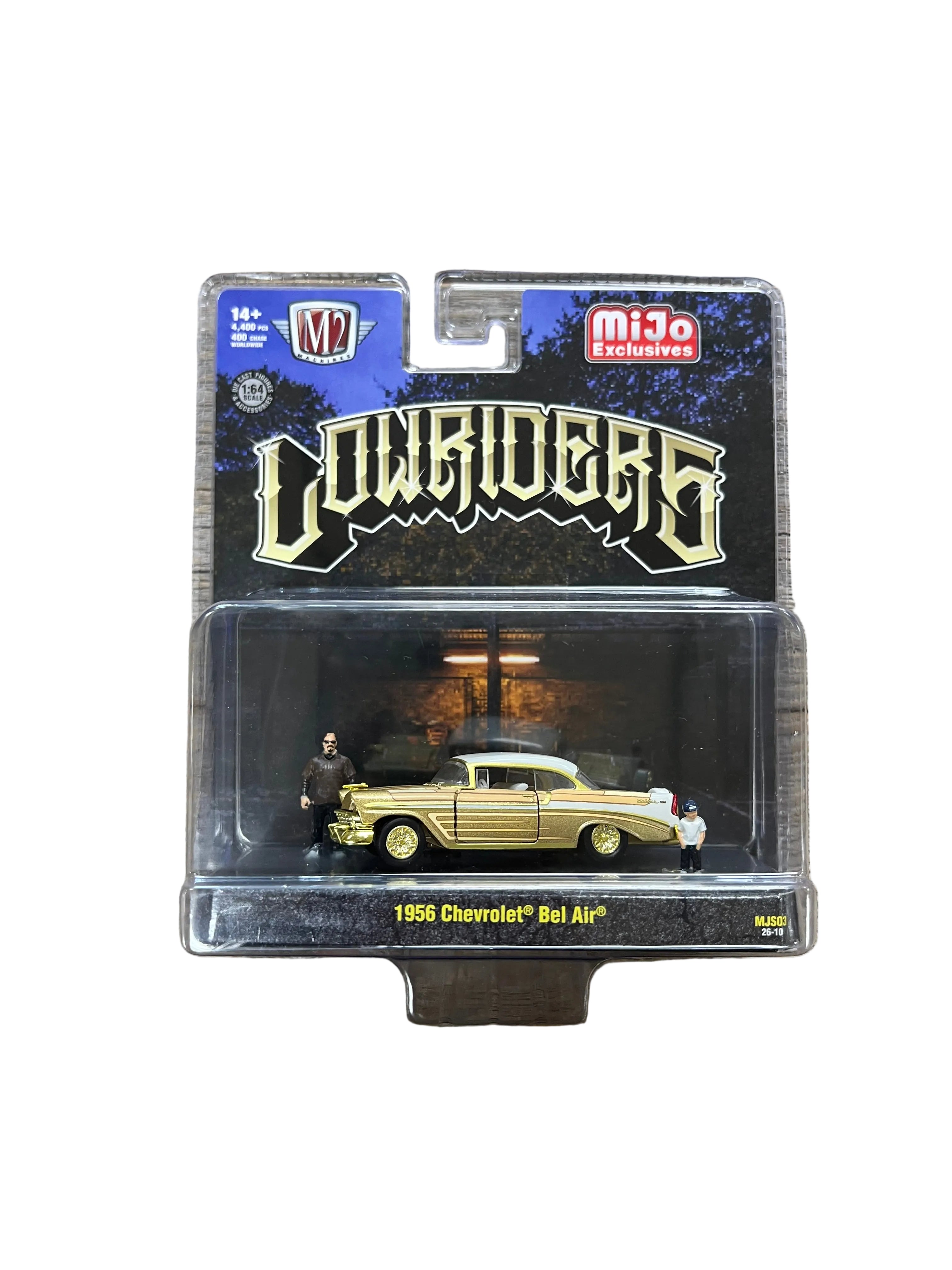 M2 Machines 1:64 Diorama Series 1956 Chevrolet Bel Air Lowriders with 2 Dad &amp; Son Figures – Beige Gold – Mijo Exclusives