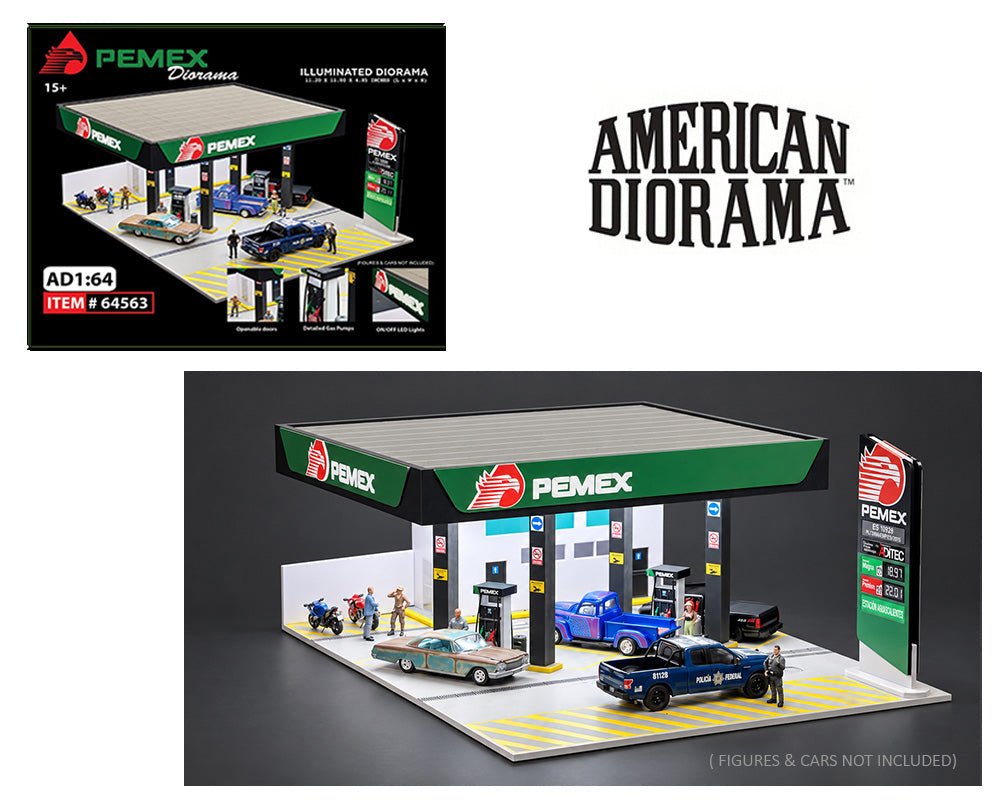 (COMING SOON) AMERICAN DIORAMA 1:64 PEMEX Gas Station Illuminated LED Diorama (11.2″L x 11.8″W x 4.85″H)