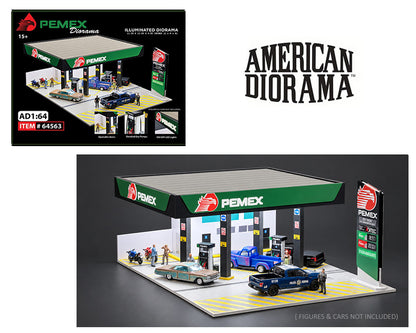 (COMING SOON) AMERICAN DIORAMA 1:64 PEMEX Gas Station Illuminated LED Diorama (11.2″L x 11.8″W x 4.85″H)