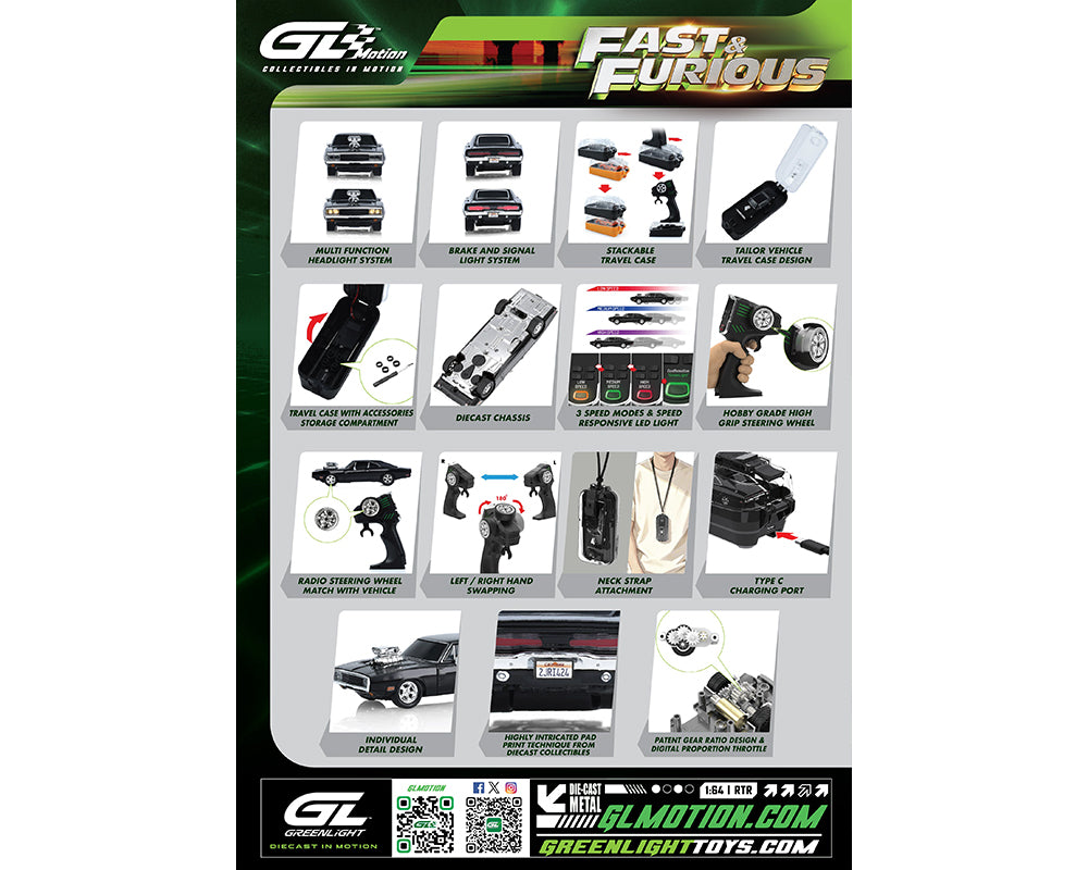 (COMING SOON) GREENLIGHT 1:64 RC The Fast &amp; The Furious 1970 Dodge Charger “Dom’s Charger” Combo Set