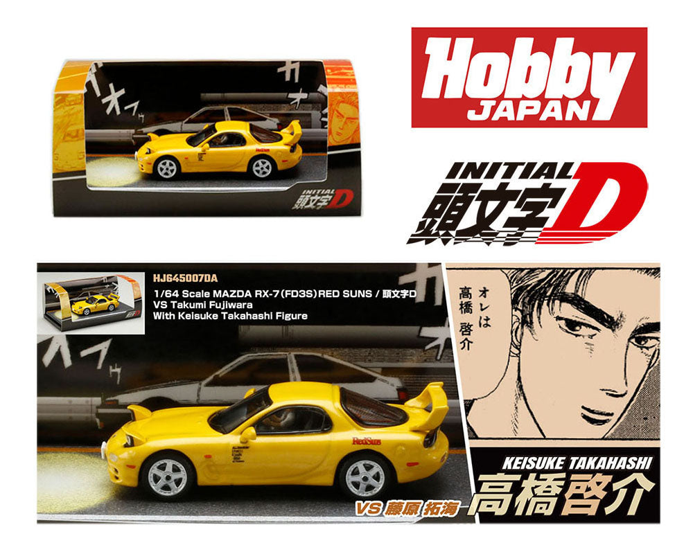HOBBY JAPAN 1/64 Mazda RX-7 (FD3S) Red Sun / INITIAL D vs Takumi Fujiwara with Keisuke Takahashi Figure Inside the car