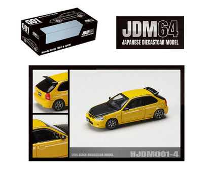 (PRE ORDER) HOBBY JAPAN 1/64 Honda Civic Type R (EK9) JDM Style – Sunlight Yellow with Carbon Hood – JDM64