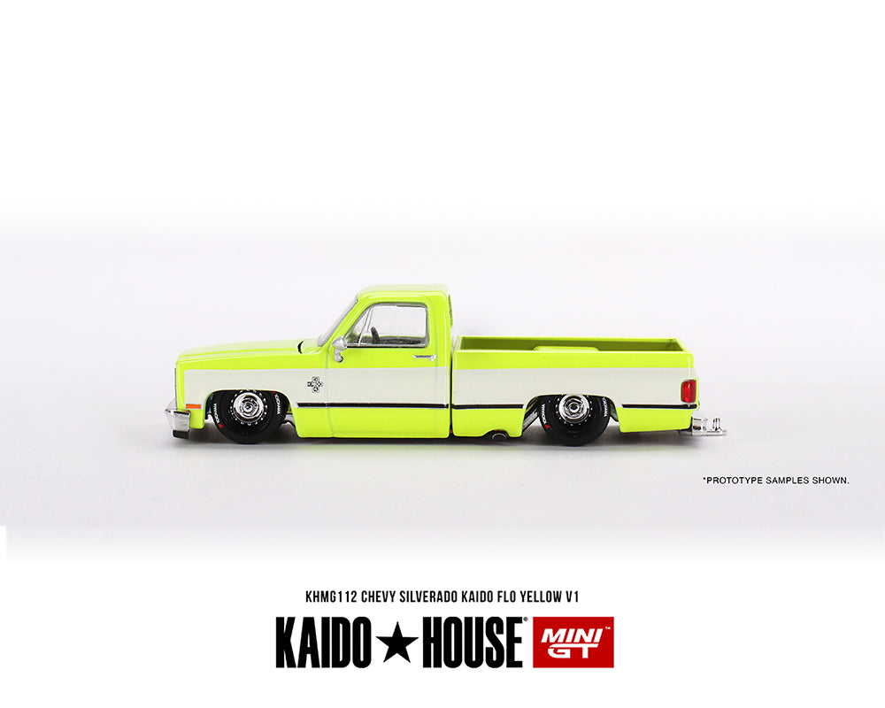 Kaido House x Mini GT 1:64 Chevrolet Silverado Kaido FLO V1 YELLOW CHROME