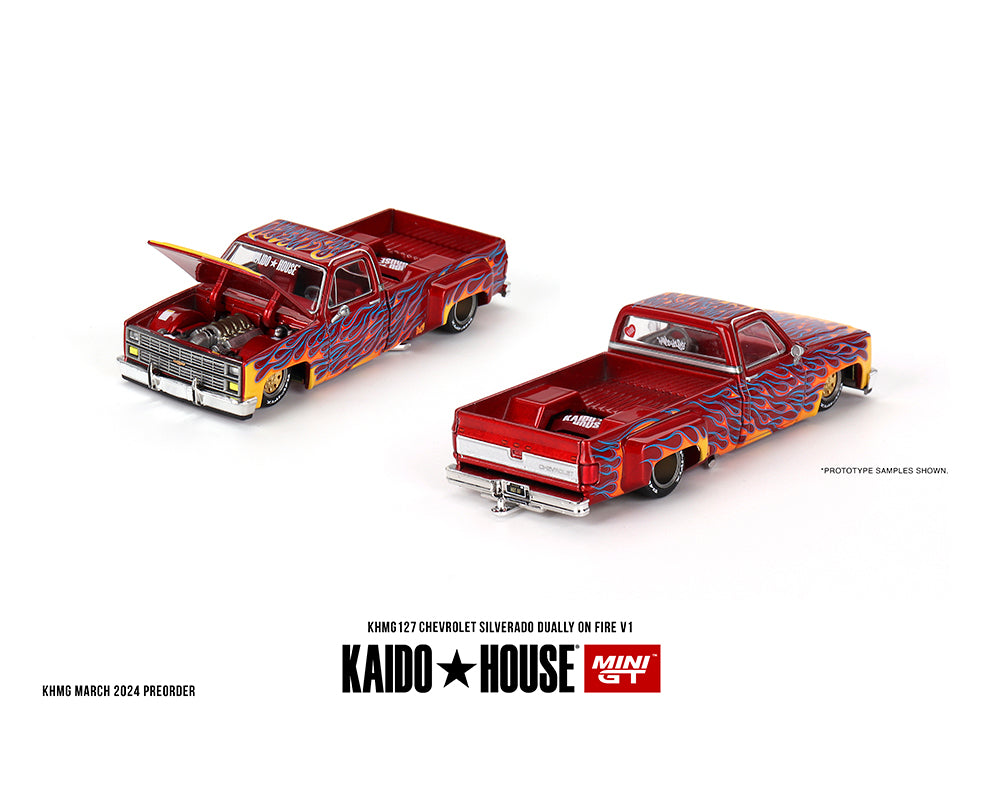 Kaido House x Mini GT 1:64 Chevrolet Silverado Dually on Fire V1 – Red with Flames