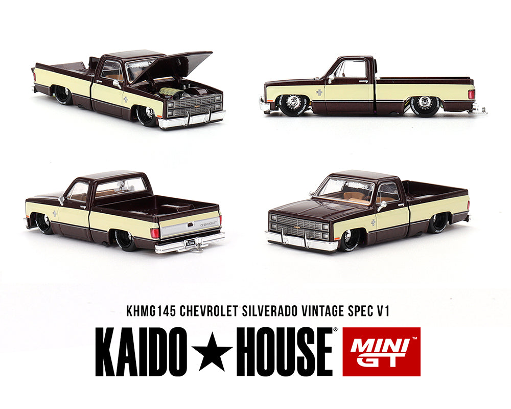 (PRE ORDER) Kaido House x Mini GT 1:64 Chevrolet Silverado KAIDO Vintage Spec V1 – Two-Tone Brown Cream
