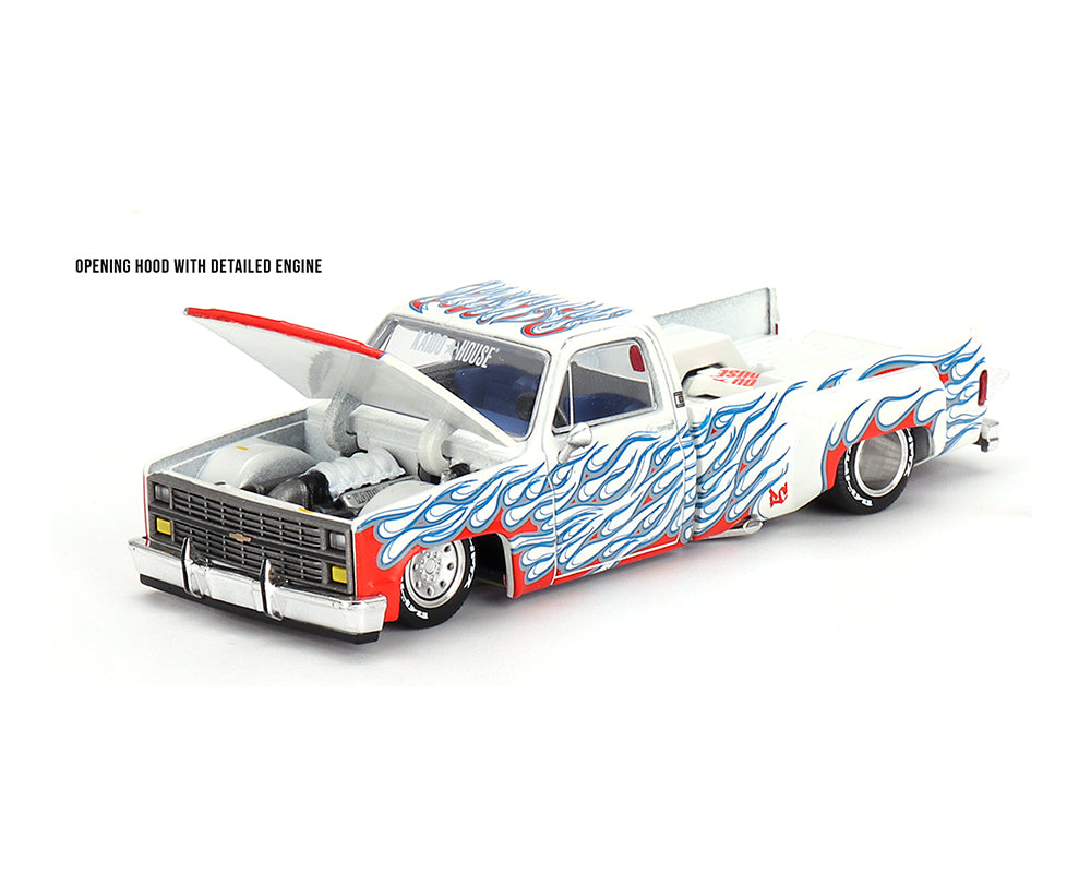 (COMING SOON) Kaido House x Mini GT 1:64 Chevrolet Silverado Dually on Fire V2 – White Flames