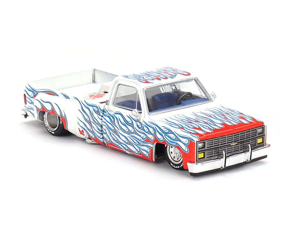 (PRE ORDER) Kaido House x Mini GT 1:64 Chevrolet Silverado Dually on Fire V2 – White Flames