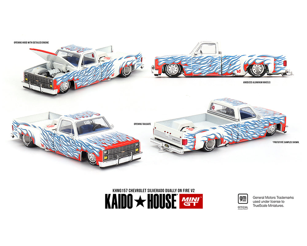 (COMING SOON) Kaido House x Mini GT 1:64 Chevrolet Silverado Dually on Fire V2 – White Flames