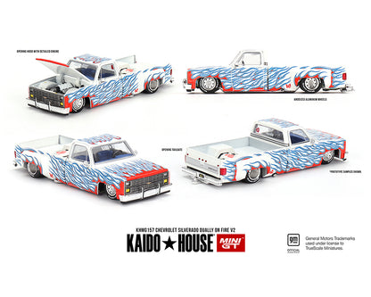 (PRE ORDER) Kaido House x Mini GT 1:64 Chevrolet Silverado Dually on Fire V2 – White Flames