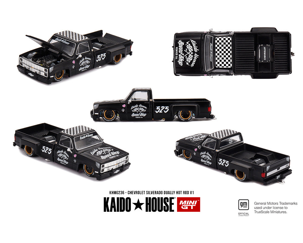 (COMING SOON) Kaido House x Mini GT 1:64 Chevrolet Silverado Dually Hot Rod V1 – Flat Black